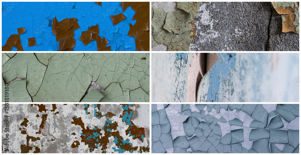 Set of peeling paint textures. Old concrete walls with cracked flaking paint. Weathered rough painted surfaces with patterns of cracks and peeling. Collection of panoramic backgrounds for design.