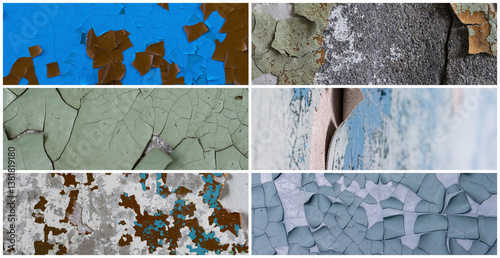 Obraz na płótnie Set of peeling paint textures. Old concrete walls with cracked flaking paint. Weathered rough painted surfaces with patterns of cracks and peeling. Collection of panoramic backgrounds for design. w salonie