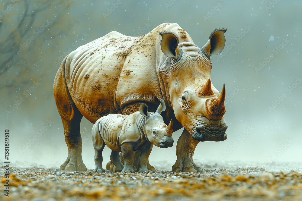 A rhinoceros calf nudging its mother's side in dusty African plains. Concept of endangered species and poaching threats.