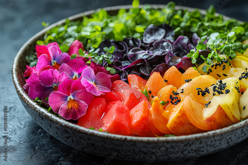 A rainbow salad bowl with edible flowers, microgreens, and beetroot ribbons. Concept of edible art and clean eating.
