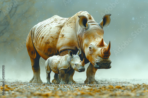 Obraz na płótnie A rhinoceros calf nudging its mother's side in dusty African plains. Concept of endangered species and poaching threats. w salonie