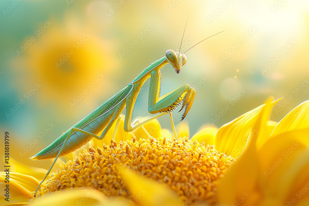 A praying mantis perched on a sunflower, forelegs poised to strike. Concept of predatory patience and insect behavior.