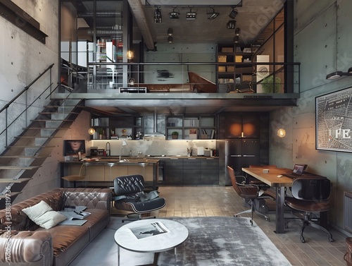 Modern industrial inspired loft open mezzanine workspace cozy living area below featuring luxurious leather couch steel glass partition moody Edison bulb lighting rustic oak wood floor ultra realistic