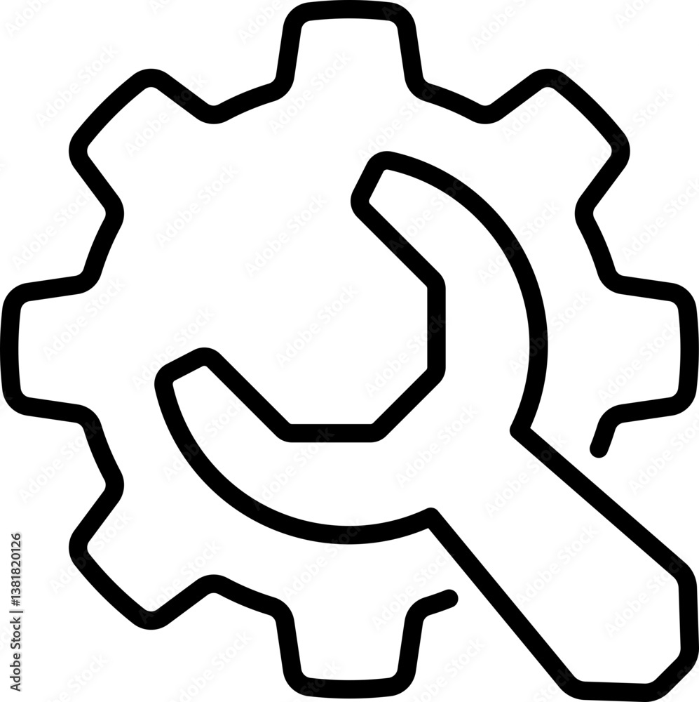 Wrench and gear outline icon for settings and tools - Editable Stroke SVG, fully scalable. Wrench and gear outline icon for settings and tools - Editable Stroke SVG, fully scalable.