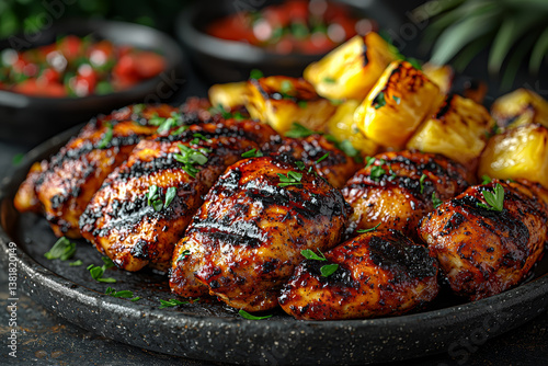 Obraz na płótnie A platter of jerk chicken with grilled pineapple and Scotch bonnet sauce. Concept of Caribbean spice and tropical heat. w salonie