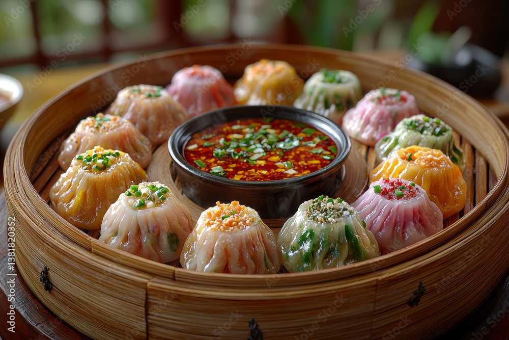 A platter of dim sum dumplings in bamboo steamers with chili dipping sauce. Concept of Cantonese brunch and bite-sized variety.