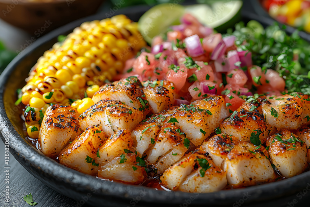 A Peruvian ceviche platter with citrus-marinated fish and roasted corn. Concept of coastal freshness and zesty flavors.