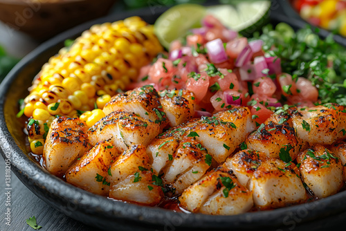 Obraz na płótnie A Peruvian ceviche platter with citrus-marinated fish and roasted corn. Concept of coastal freshness and zesty flavors. w salonie