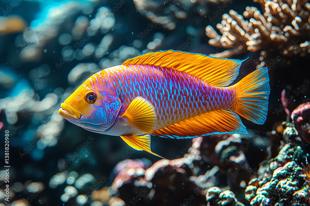 A parrotfish grazing on coral, excreting sandy trails. Concept of reef builders and underwater ecosystems.