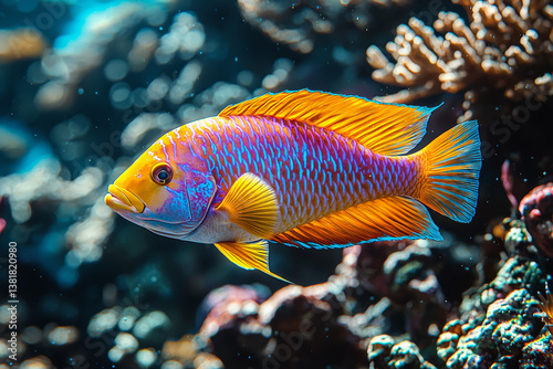A parrotfish grazing on coral, excreting sandy trails. Concept of reef builders and underwater ecosystems.