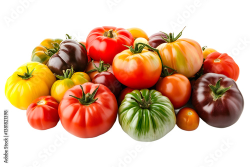 Colorful mix of heirloom tomatoes in various shapes and sizes, isolated on white background