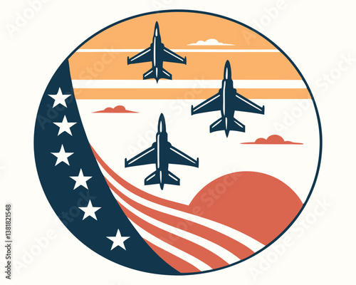 Fighter Jets Formation: Military Aircraft Flying in Sunset with Stars.