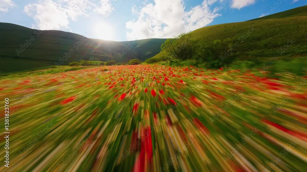FPV Drone Flight Over Blooming Flower Fields in Castelluccio di Norcia, Italy – Scenic Aerial Nature Shot