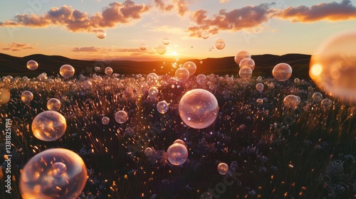 Bubbles Floating Over a Flower Field at Sunset with Glowing Sky