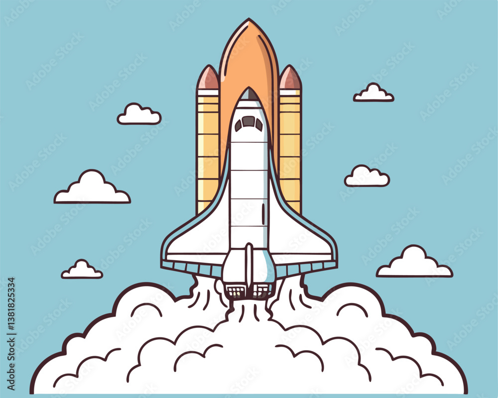 Space Shuttle Launching: Rocket Ship Flying to Space with Clouds. Space Shuttle Launching: Rocket Ship Flying to Space with Clouds.