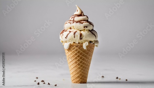 A tempting ice cream cornet is adorned with luscious swirls of chocolate, enticing anyone passing by in a sunlit park. Sweet aromas fill the air as it melts Generative AI