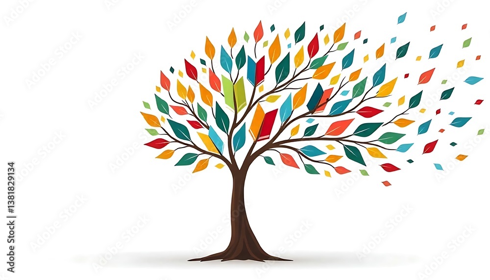 Naklejka premium international literacy day concept with tree with books like leaves. Literacy, education, knowledge concept with color books on tree on white background, created with generative ai