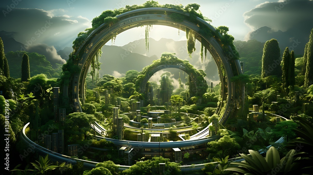 Obraz premium Futuristic Green City, Reclaimed by Nature: A Digital Landscape of Harmony