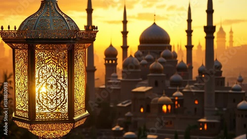 Golden Ramadan Lantern and Mosque at Sunset