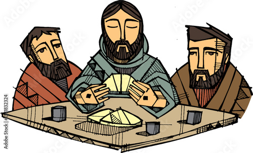 Vector illustration of Jesus Christ and disciples at Emmaus. Jesus broke the bread and gave it to the disciples