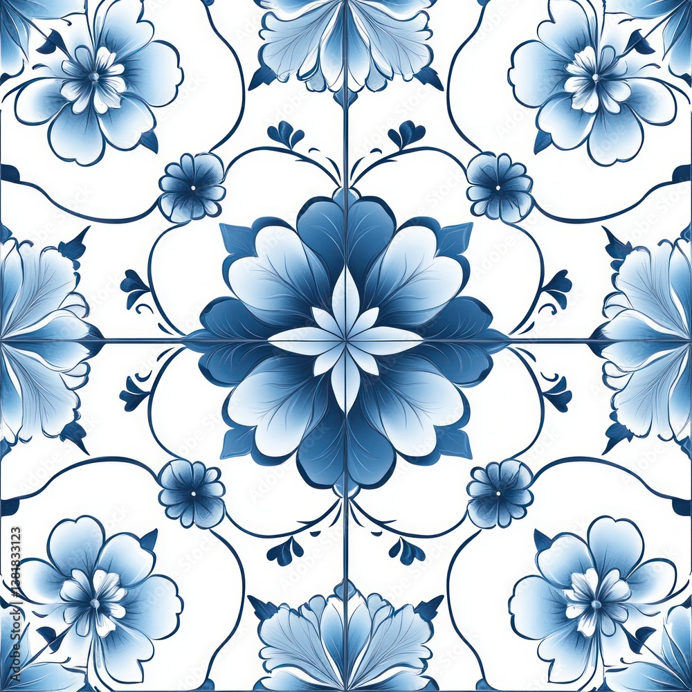 Seamless blue and white azulejo ceramic tile pattern with intricate floral motifs and geometric design