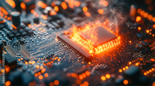 Soldering point showcases extreme heat and photorealistic details on a computer circuit board during a vibrant electrical activity