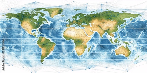 Fototapeta Naklejka Na Ścianę i Meble -  A colorful earth map shows global lines across continents and oceans