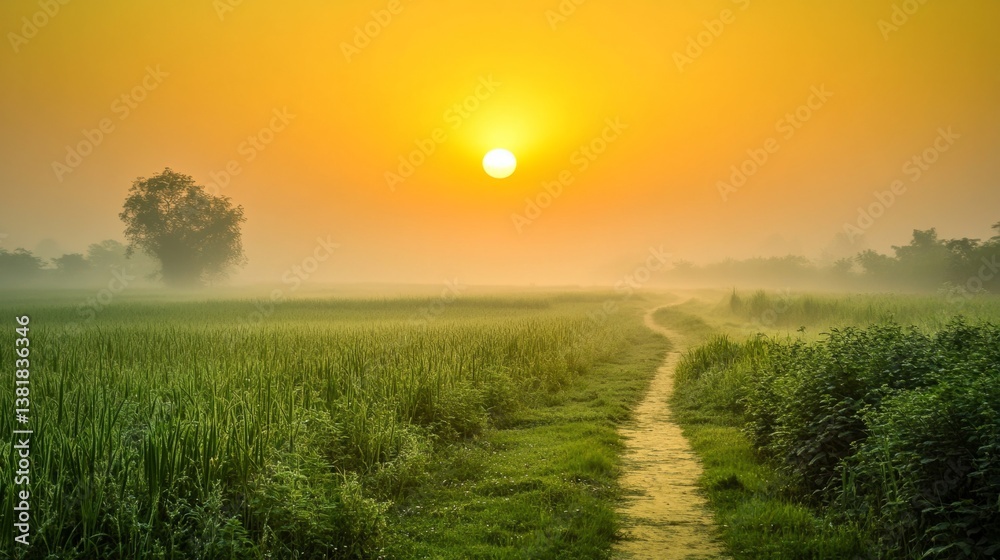 Obraz premium Golden sunrise over lush green fields in Punjab, misty morning atmosphere, peaceful rural landscape generative ai