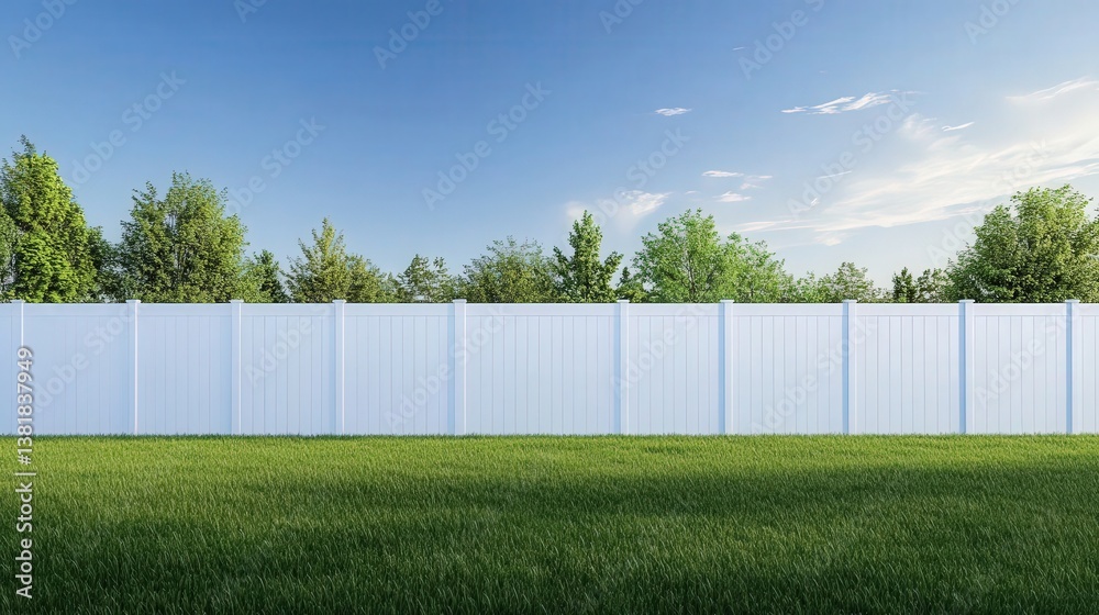 Obraz premium White vinyl fence on a lawn with green grass, trees in the background, and a clear blue sky overhead. Ultra-realistic outdoor scene.