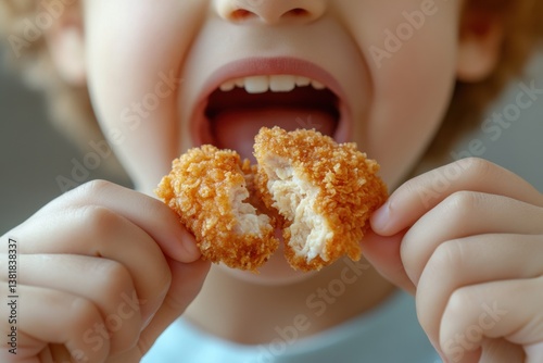 Child eating a breaded chicken nugget, broken in half, ready to be eaten.