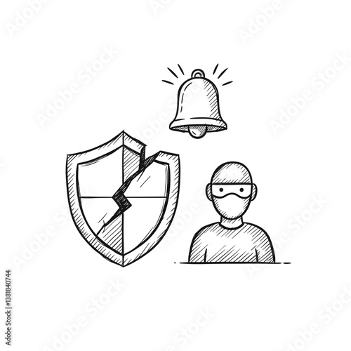 Intruder Triggering Alarm with Shattered Shield – Security Breach Scene for Cybersecurity, Hacking Incidents, and Threat Response Concepts