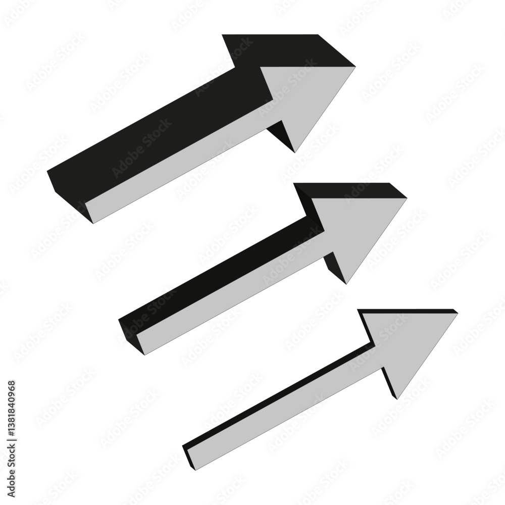3d arrow symbol. Perspective arrow graphic. Right direction icon. Vector bold shape.