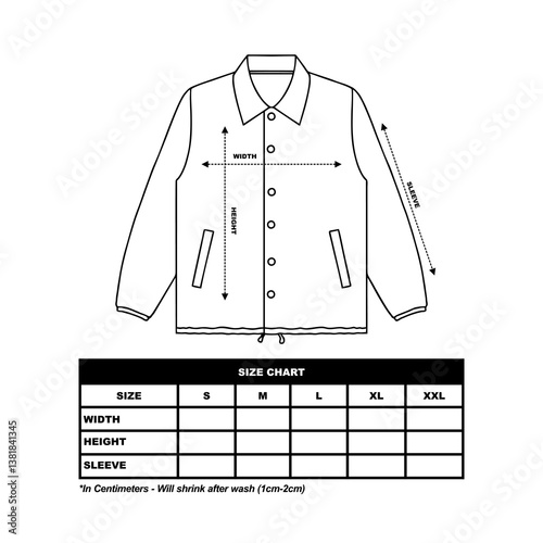 Size Chart coach jacket vector illustration flat design outline clothing