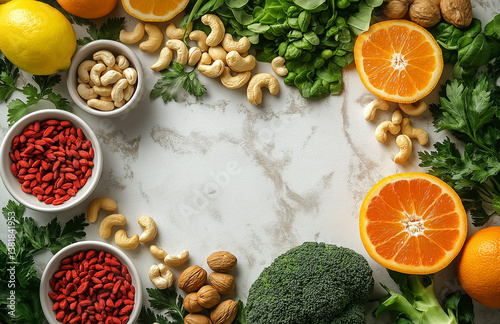 Wallpaper Mural White digital scale surrounded by nuts, fruits, and organic vegetables on a gray surface Torontodigital.ca