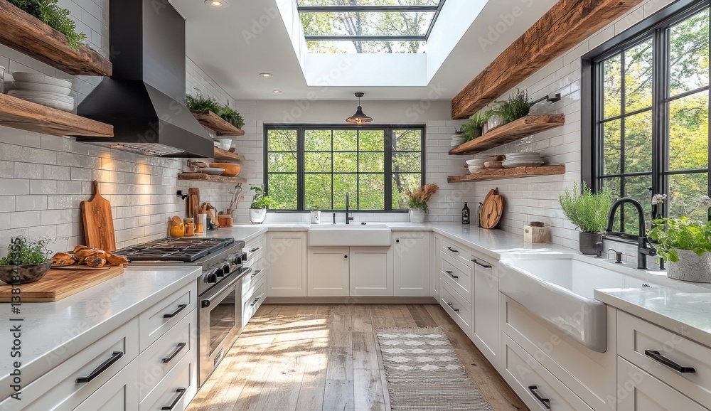 Fototapeta premium minimalist kitchen design Scandinavian interior white cabinetry natural wood beams bright skylight