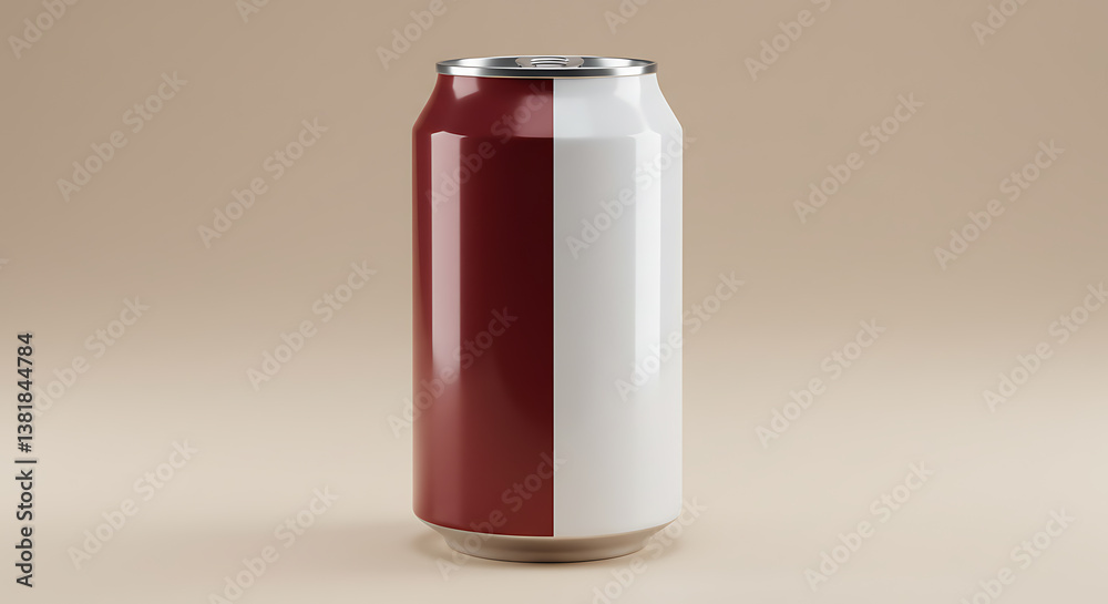 Modern Beverage Can Design: A sleek, half-maroon, half-white aluminum can stands isolated, capturing a minimalist aesthetic perfect for product mockups, beverage concepts, and design showcases. Modern Beverage Can Design: A sleek, half-maroon, half-white aluminum can stands isolated, capturing a minimalist aesthetic perfect for product mockups, beverage concepts, and design showcases.