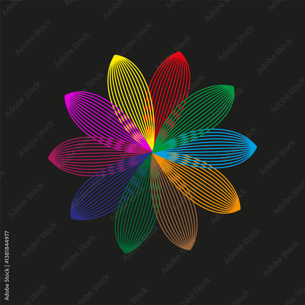 Rainbow petal flower. Color spectrum vector. Gradient abstract blossom. Bright layered shape.