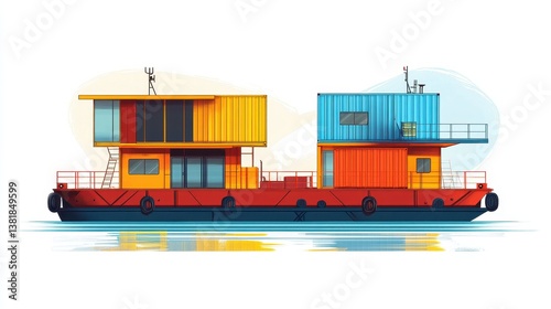 Floating container platform used for offshore construction flat design side view marine engineering theme cartoon drawing Split-complementary color scheme. 
