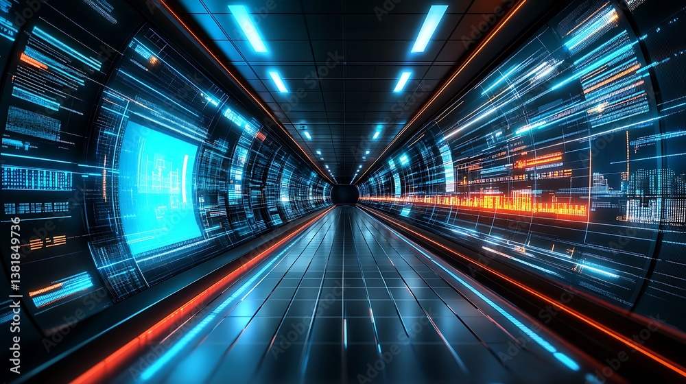 A futuristic tunnel with glowing lines and data displays A futuristic tunnel with glowing lines and data displays
