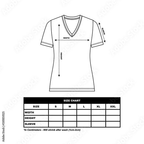 Short sleeve t shirt Size Chart, woman round, square and V neck. technical drawing fashion flat sketch vector illustration