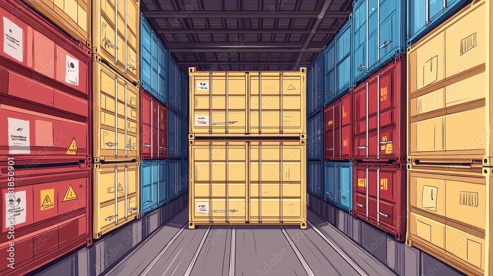 Fototapeta premium Large cargo container with stacked shipping boxes flat design top view industrial port theme cartoon drawing colored pastel. 