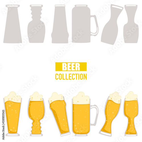 Alcoholic Drinks Vector Illustration Set, Beer Glass with Foam, Craft Beer, Brewery, Celebration, Party, Happy. Collection of Different Types of Beer Glasses, Separated for Graphic Background Design.