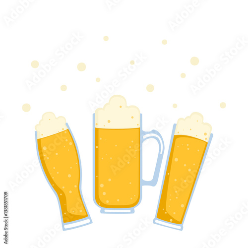 Alcoholic Drinks Vector Illustration Set, Beer Glass with Foam, Craft Beer, Brewery, Celebration, Party, Happy. Collection of Different Types of Beer Glasses, Separated for Graphic Background Design.