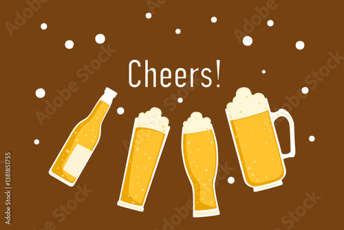 Alcoholic Drinks Vector Illustration Set, Beer Glass with Foam, Craft Beer, Brewery, Celebration, Party, Happy. Collection of Different Types of Beer Glasses, Separated for Graphic Background Design.