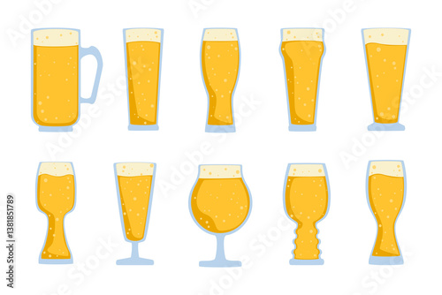 Alcoholic Drinks Vector Illustration Set, Beer Glass with Foam, Craft Beer, Brewery, Celebration, Party, Happy. Collection of Different Types of Beer Glasses, Separated for Graphic Background Design.