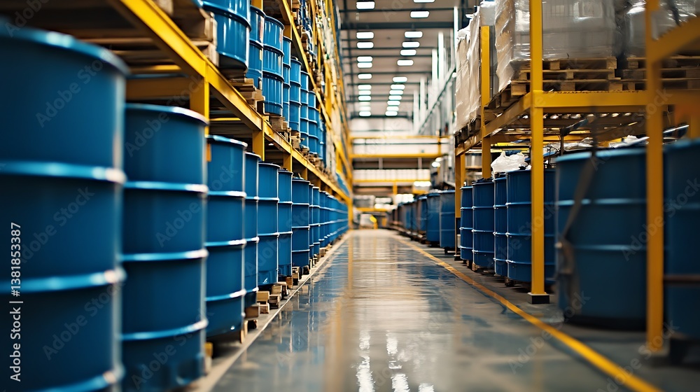 Well-kept chemical storage tanks placed in a neat warehouse layout  

