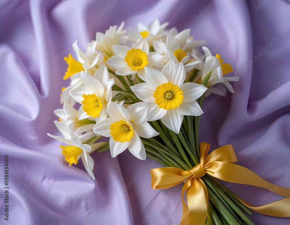 Naklejka premium Elegant Narcissus Bouquet on Lavender Fabric