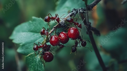 A swarm of ants pulling apart a bright red berry on a blurred green foliage background