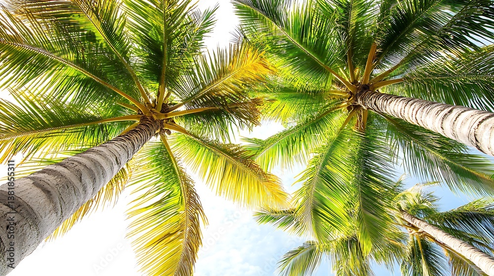 Fototapeta premium Low angle view looking up at tropical palm trees