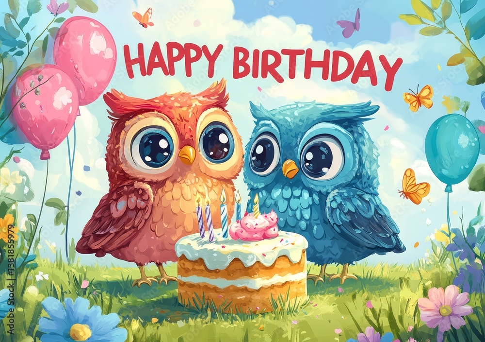 Obraz premium Colorful owls celebrating birthday with cake and balloons in a cheerful garden setting